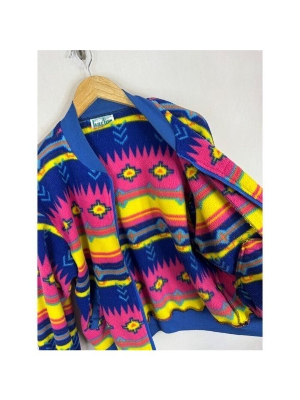Vintage Kactus Fleece Bomber Jacket Southwestern Geometric Neon Blue Pink M - Picture 6 of 12